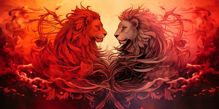 In a fantastical style, two lions are depicted face to face, surrounded by abstract patterns and flowers, creating a symmetrical ornament in red-orange hues. Valentine's Day concept. Generative AI