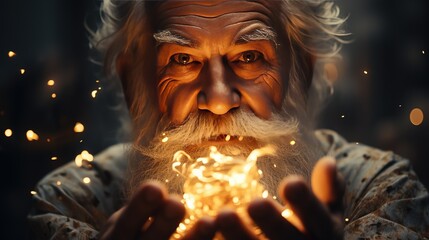 Santa Claus gives people magical Christmas lights and holiday spirit