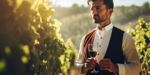 Winemaker in the vineyard tasting his white wine
