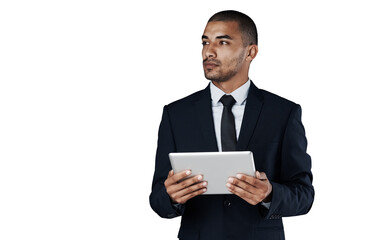 Thinking, tablet and corporate manager, man or agent brainstorming web development, online...