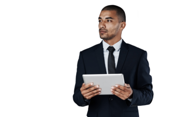 Thinking, tablet and corporate manager, man or agent brainstorming web development, online franchise plan or ideas. Media management, website or pensive person isolated on transparent, png background