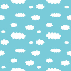 Cute cartoon white clouds on light blue background. Doodle seamless pattern vector. Minimal wallpaper. Design for fabric, textile, kid clothes, shirt, skirt, dress, bedsheet, pajamas, night suit.