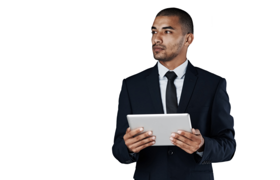 Thinking, tablet and corporate manager, man or agent brainstorming web development, online franchise plan or ideas. Media management, website or pensive person isolated on transparent, png background