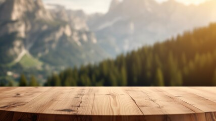 The empty wooden brown table top with blur background of dolomite mountain. Exuberant image. generative AI - obrazy, fototapety, plakaty