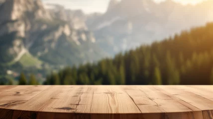Photo sur Plexiglas Dolomites The empty wooden brown table top with blur background of dolomite mountain. Exuberant image. generative AI