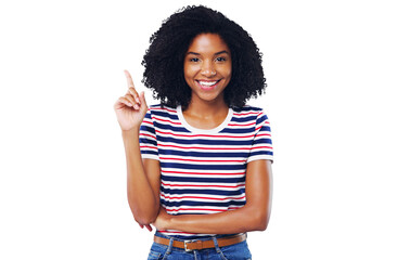 Happy black woman, portrait and pointing up for idea or solution isolated on a transparent PNG background. African female person or model smile with hand up for advertising, marketing or notification