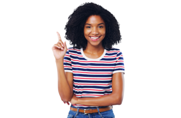 Happy black woman, portrait and pointing up for idea or solution isolated on a transparent PNG background. African female person or model smile with hand up for advertising, marketing or notification