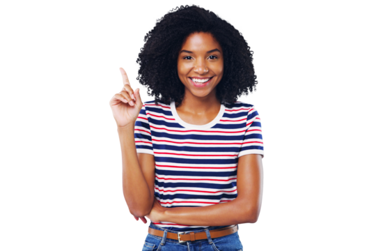 Happy black woman, portrait and pointing up for idea or solution isolated on a transparent PNG background. African female person or model smile with hand up for advertising, marketing or notification