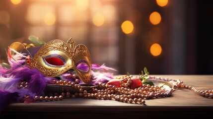 Carnival mask, colorful Mardi Gras beads and bokeh lights festive background