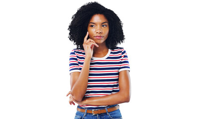Black woman, face and thinking in fashion for idea or solution isolated on a transparent PNG...