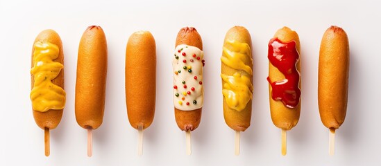 Korean-inspired Corn Dog with Hatog, mustard, and ketchup. - obrazy, fototapety, plakaty
