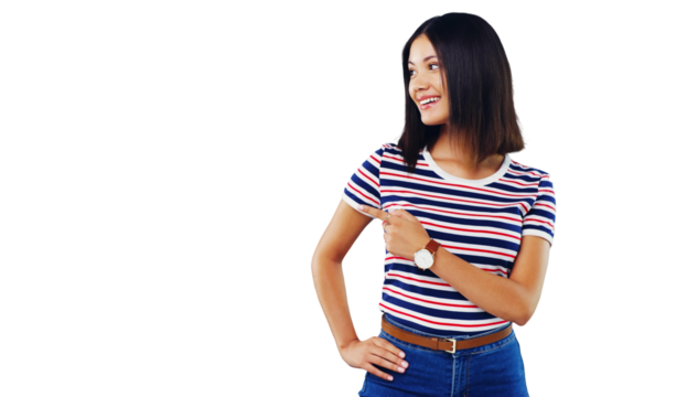 Thinking, pointing and woman with a smile, decision and opportunity isolated on a transparent background. Person, girl and model with hand gesture, happiness and choice with ideas, png and promotion