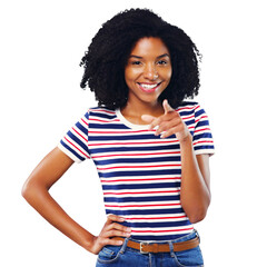 Happy woman, portrait and pointing in fashion for choice or selection isolated on a transparent PNG background. Face of young female person smile in casual clothing for picking, choose or decision