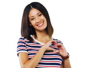 Woman, fashion and heart sign in portrait, hand and isolated on transparent png background. Happy, confident and beautiful with cool clothes, youth and smiling with face, girl and casual outfit