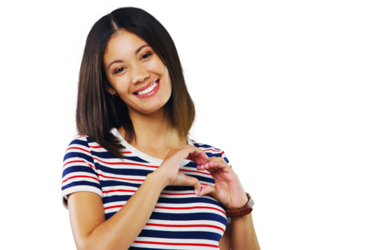 Woman, fashion and heart sign in portrait, hand and isolated on transparent png background. Happy, confident and beautiful with cool clothes, youth and smiling with face, girl and casual outfit