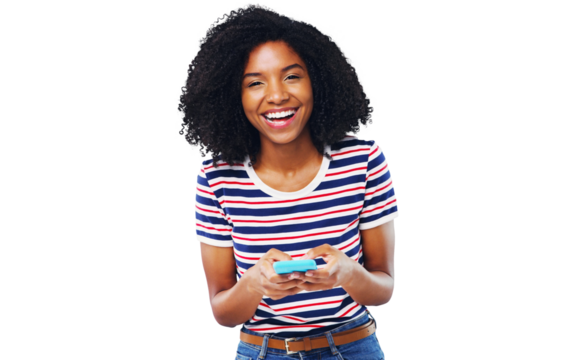 Happy black woman, portrait and phone laughing for social media or meme isolated on a transparent PNG background. Face of African female person smile on mobile smartphone, internet or funny joke