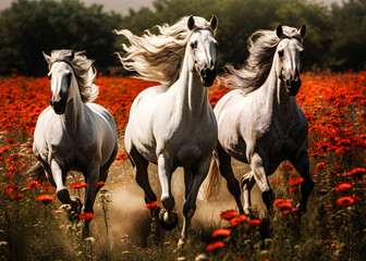 Fototapeta na wymiar Three White Horses in a Lush Green Meadow with Vibrant Orange Flowers