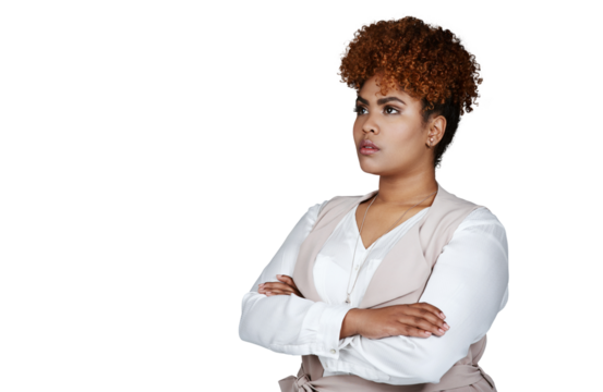 Thinking, arms crossed and business woman with vision, inspiration and planning future. Confident serious professional dream of idea, reflection or creative isolated on a transparent png background
