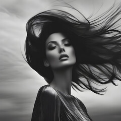 Portrait of a woman with long hair blowing in the wind