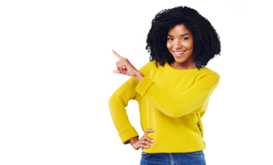 Portrait, woman and pointing with smile for offer, announcement or promotion. Black person, curly hair and happiness on face for information, deal or choice on isolated or transparent png background