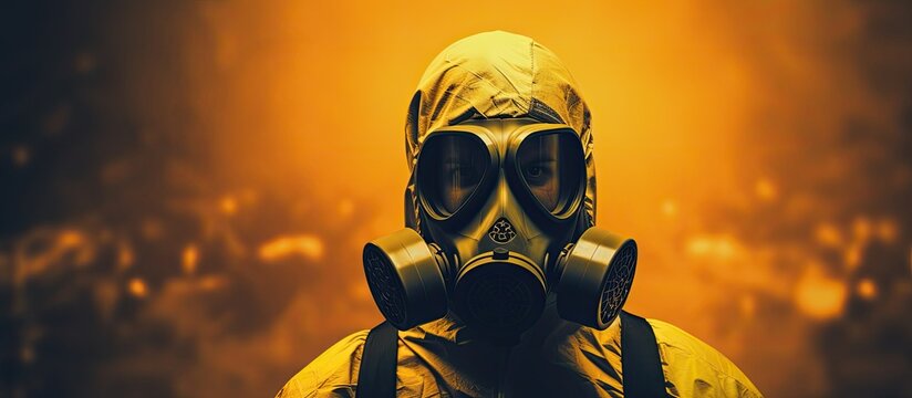 Person wearing respirator in front of radioactive backdrop, symbolizing radiation.