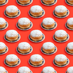 Seamless pattern with traditional donut Sufganiyah for Jewish holiday Hanukkah on red background.