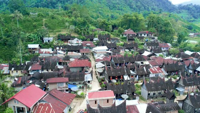 Establish aerial view of Kampung Sarugo Lima Puluh Kota, Revealing Surrounding Rumah Gadang, Landmark of West Sumatra, Indonesia
