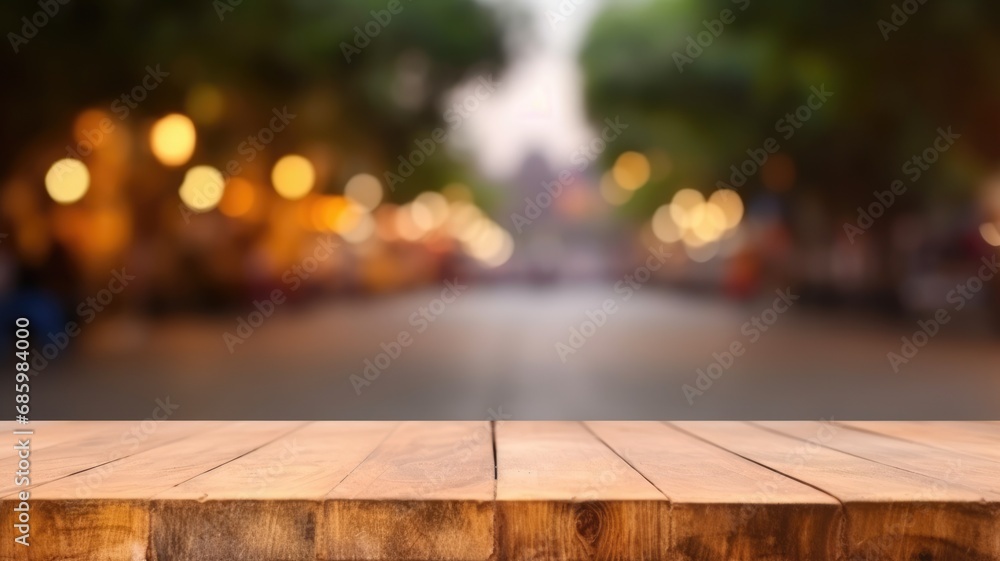 Poster the empty wooden table top with blur background of town square. exuberant image. generative ai