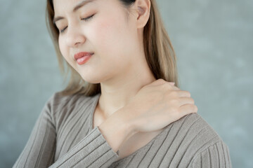 office syndromes, woman massaging neck pain due to work and using a computer, digital composite of...