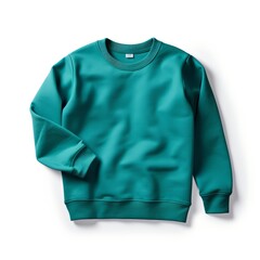 Teal color crew-neck sweatshirt lying flat and folded on top of a white background