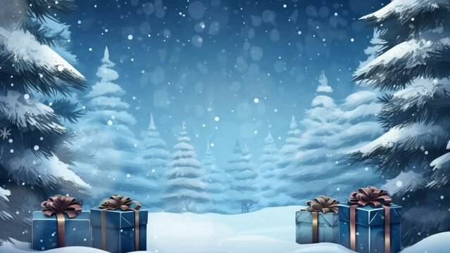 Christmas composition with snowy fir trees and gift boxes Merry Christmas and Happy New Year banner Winter holiday. Seamless looping video background animation,cartoon style