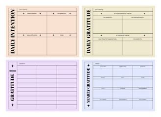 Set of printable vector manifestation, intention, and gratitude planner template for journaling