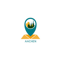 Aachen city map pin point, geolocation icon, skyline vector logo, isolated illustration. Germany emblem concept with landmarks and buildings
