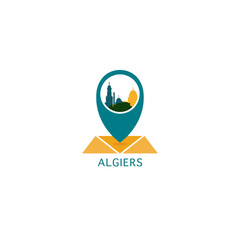 Algiers city map pin point, geolocation icon, skyline shaped vector logo, isolated illustration. Algeria emblem concept with landmarks and buildings