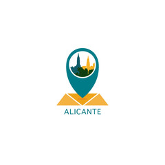 Alicante city map pin point geolocation modern skyline pointer vector logo icon isolated illustration. Spain pointer emblem with landmarks and building silhouettes