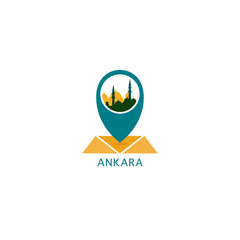 Ankara city map pin point, geolocation icon, skyline shaped vector logo, isolated illustration. Turkey emblem concept with landmarks and buildings