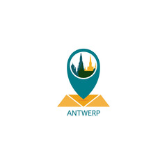 Antwerp city map pin point geolocation modern skyline pointer vector logo icon isolated illustration. Belgium pointer emblem with landmarks and building silhouettes