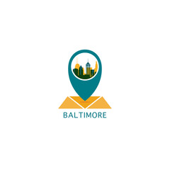 US Baltimore city map pin point geolocation modern skyline pointer vector logo icon isolated illustration. USA Maryland state pointer emblem with landmarks and building silhouettes