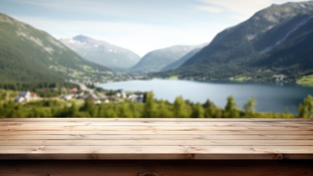 The empty wooden brown table top with blur background of Norway in summer. Exuberant image. generative AI © Summit Art Creations