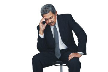 Stress, thinking and mature business man on isolated, png and transparent background with crisis. Corporate manager, anxiety and frustrated worker on chair with problem, burnout and depression - obrazy, fototapety, plakaty