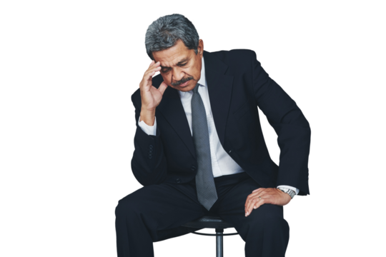 Stress, thinking and mature business man on isolated, png and transparent background with crisis. Corporate manager, anxiety and frustrated worker on chair with problem, burnout and depression - Powered by Adobe