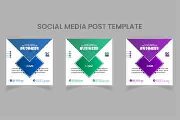 Modern geometric shapes business social media post template set | Blue, Green and Purple gradients