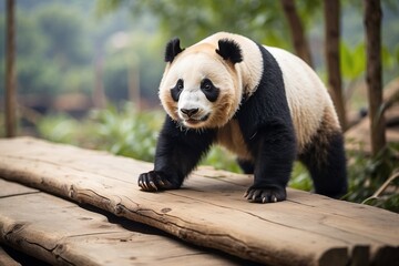 giant panda walking on wood