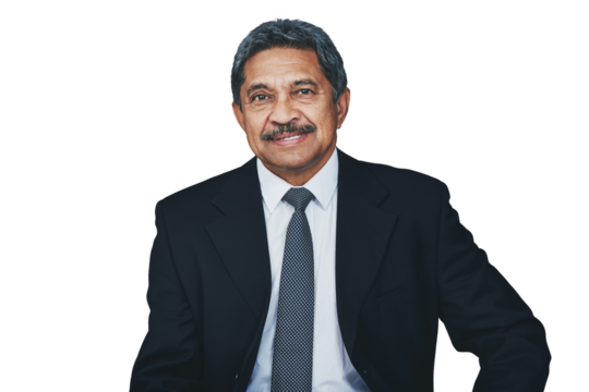 Portrait, happy business man and ceo isolated on a transparent png background. Face, mature professional entrepreneur and manager in suit, Indian executive or financial consultant, corporate boss