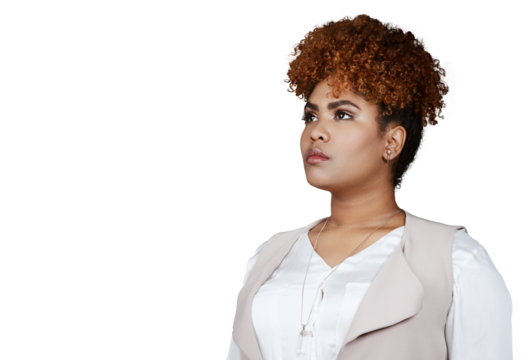 Thinking, inspiration and business woman with vision, problem solving and planning future. Serious professional dream of idea, reflection or creative solution isolated on a transparent png background