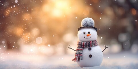 Winter wonderland. Adorable snowman in festive christmas scene. Snowy delight. Cute celebrating joy of holidays. Seasonal greetings. Happy enjoying