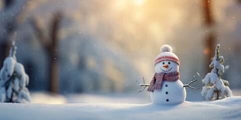 Naklejka na ściany i meble Winter wonderland. Adorable snowman in festive christmas scene. Snowy delight. Cute celebrating joy of holidays. Seasonal greetings. Happy enjoying