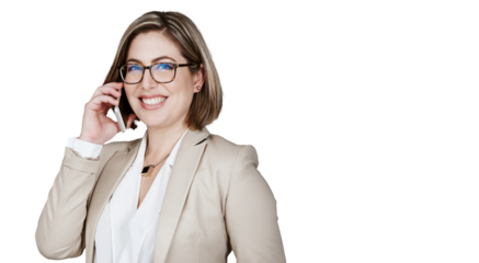 Portrait, businesswoman and phone call with smile for conversation, talk and listening. Corporate, female person and glasses by mobile for online consult on isolated or transparent png background