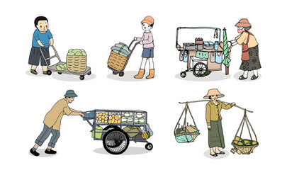 Thailand street food, food hawker, food vendor. Hand drawn style vector illustration.