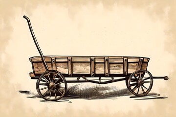 vintage style hand drawing of an old antique pull wood wagon - obrazy, fototapety, plakaty